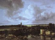 an extensive landscape with a ruined castle and a village church, Jacob van Ruisdael